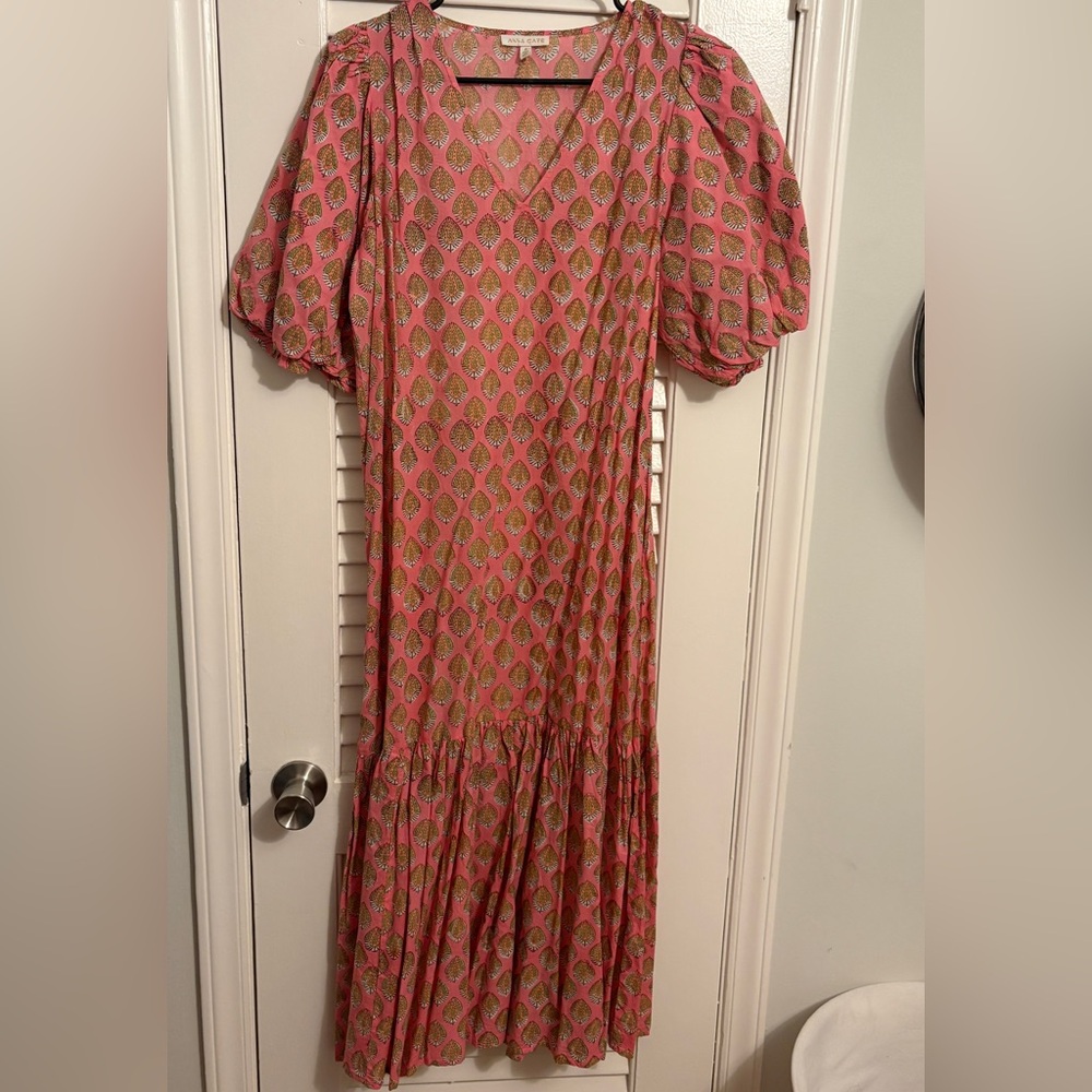 Puff-Sleeve Midi Dress in Pink Multi Print